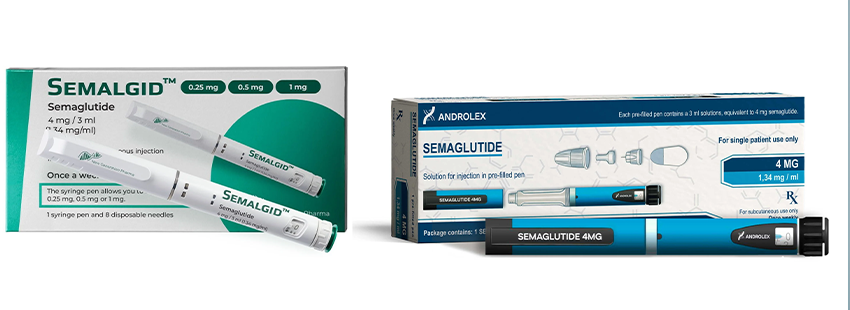 Androlex és Semalgid fogyókúrás injekciók doboza és adagoló tollai egymás mellett.