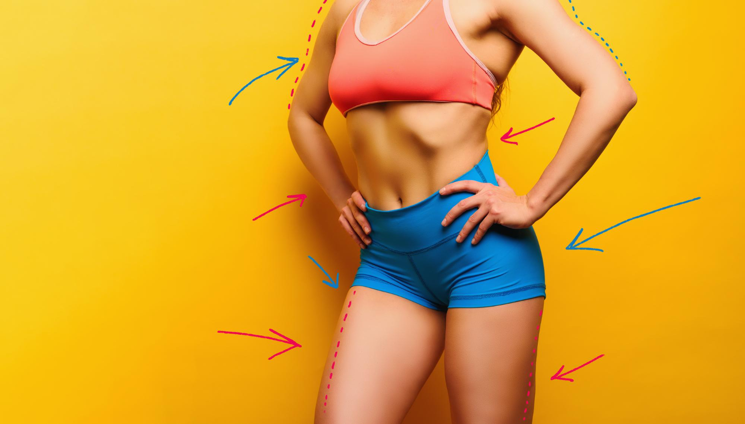 Sportos nő színes háttér előtt, testkontúrjait nyilak jelölik, a GLP-1 vásárlás és tartós fogyás eredményét szemléltetve.